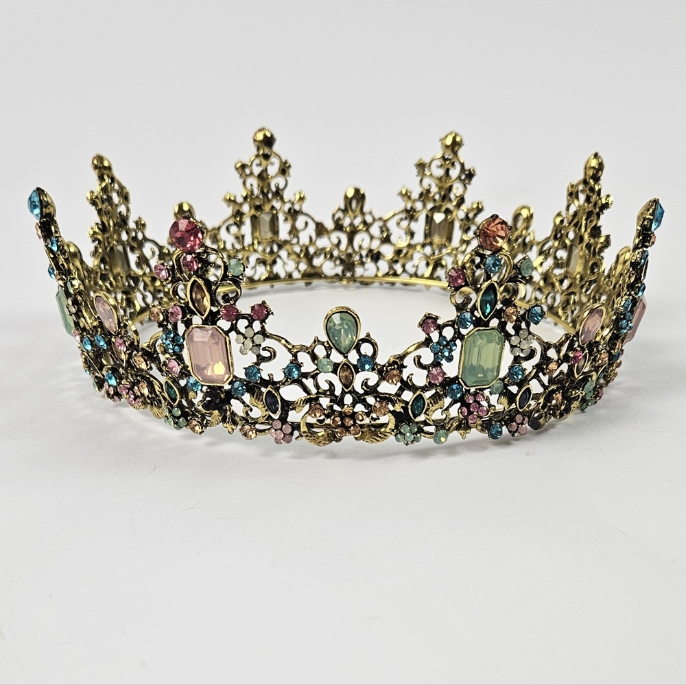 Beautiful Elegant Gold Jeweled Crown Blue Pink Green Fantasy Princess Queen